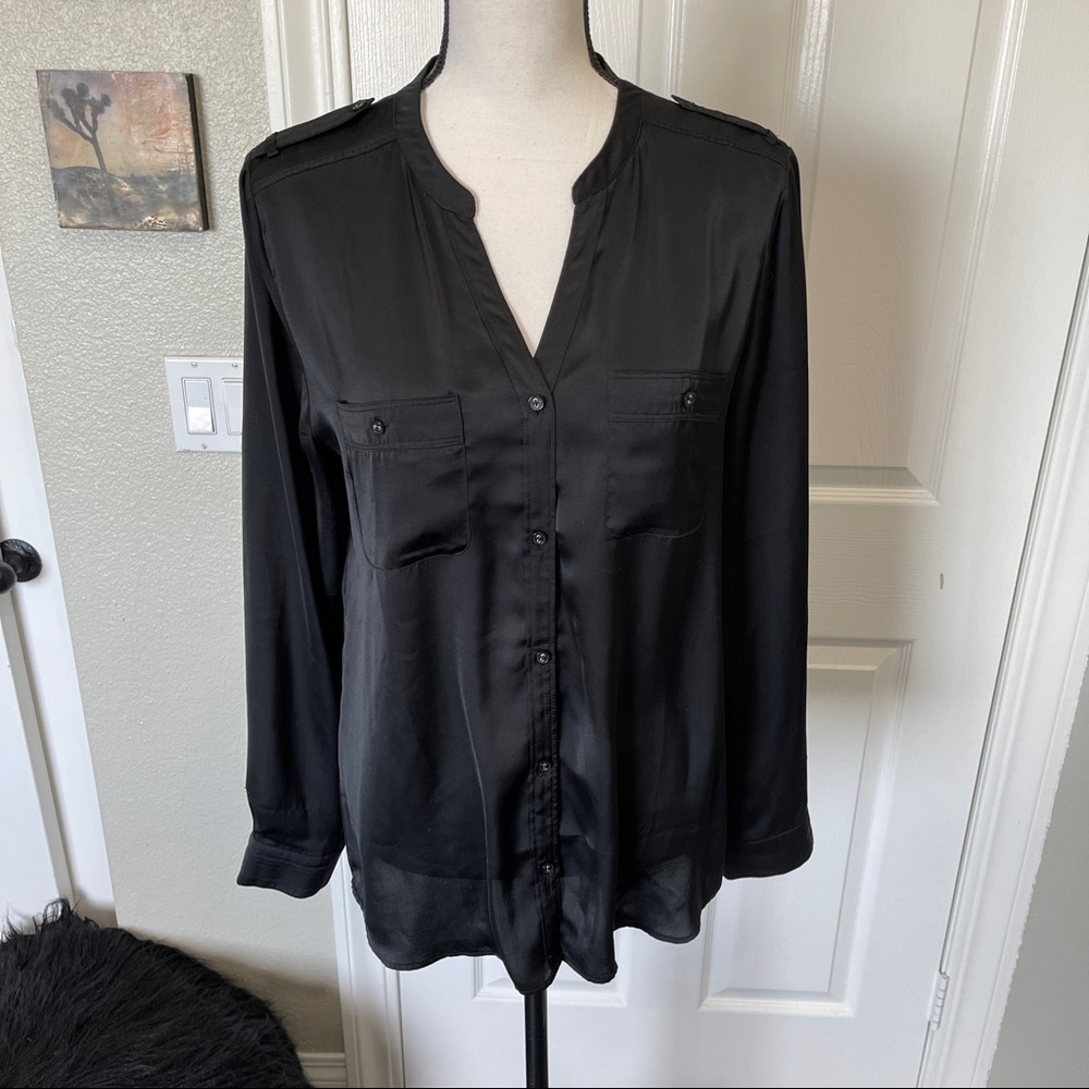 Like New Trouve Black Satin Button Down Blouse Shirt M